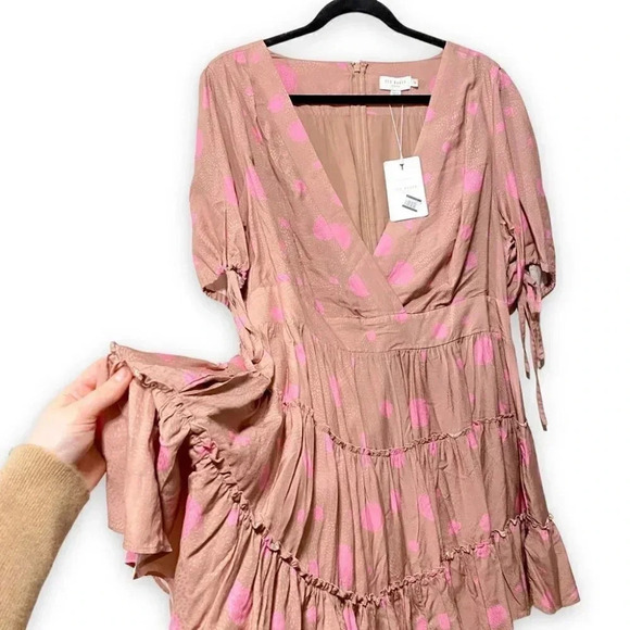 NWT Ted Baker London Stefina Pastel Brown/Pink Polka Dot Tiered Mini Dress 6 - Picture 9 of 16